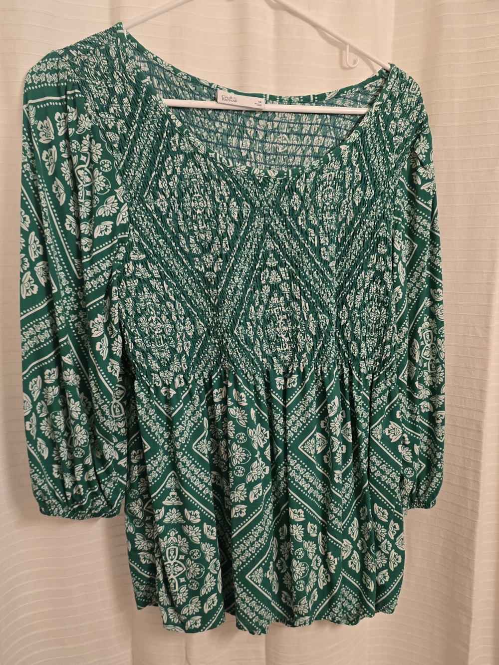 croft & barrow Green and White Smocked Floral Top